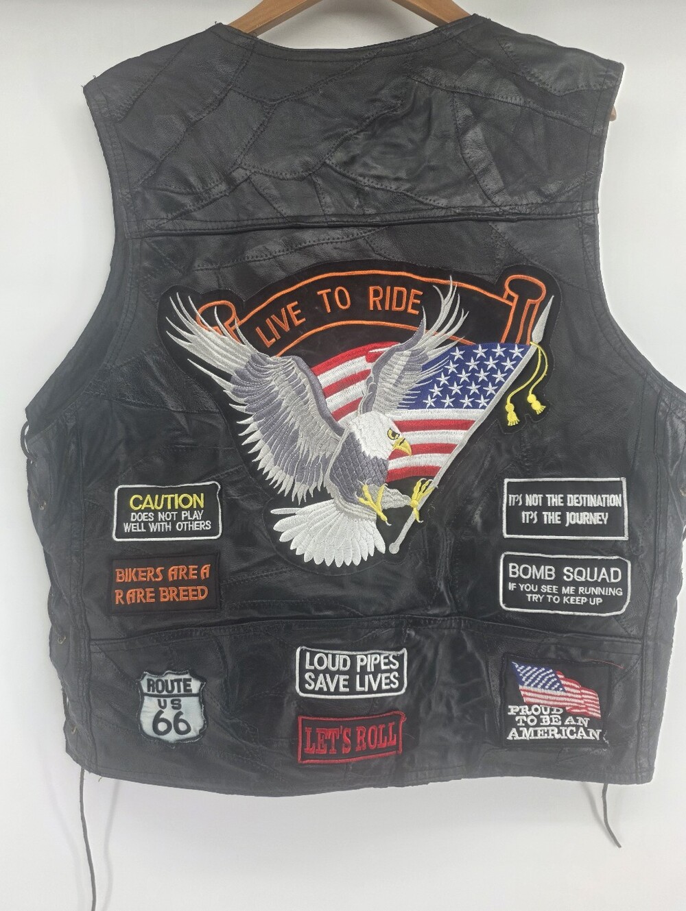 Diamond Plate Genuine Buffalo Leather Biker Vest W Buffalo Snaps 2X Patches Ties